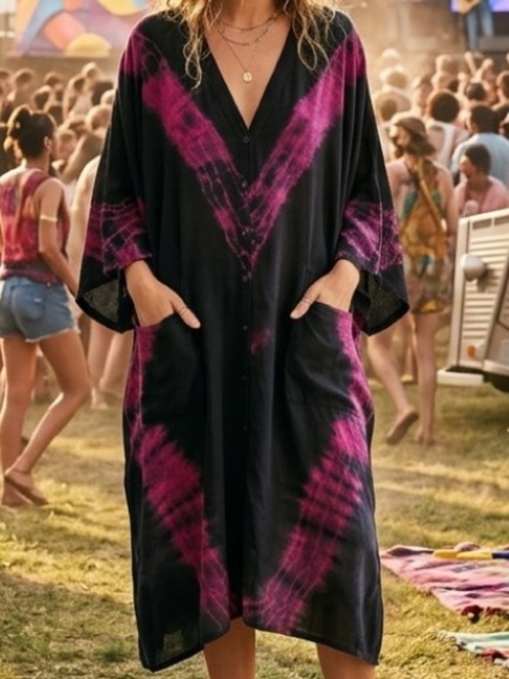Kantha Bae Crepe Sari Gaia Duster Dress Black Tie Dye Free Size One of a Kind